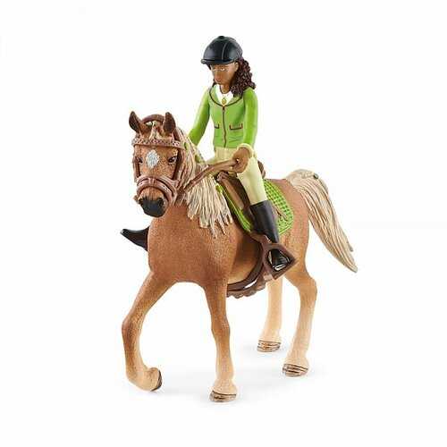 Schleich 42542 Černovláska Sarah s pohyblivými klouby na koni Mystery-Schleich