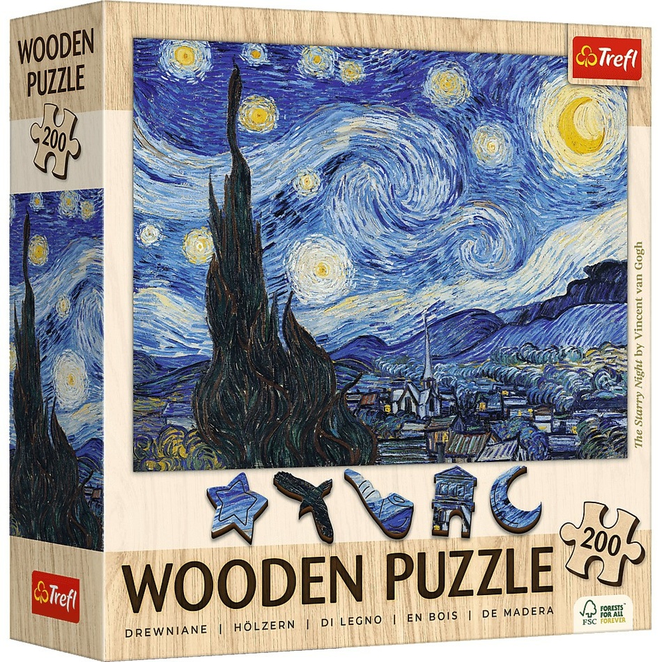 Trefl Dřevěné puzzle 200  - Hvězdná noc - Vincent van Gogh-Trefl