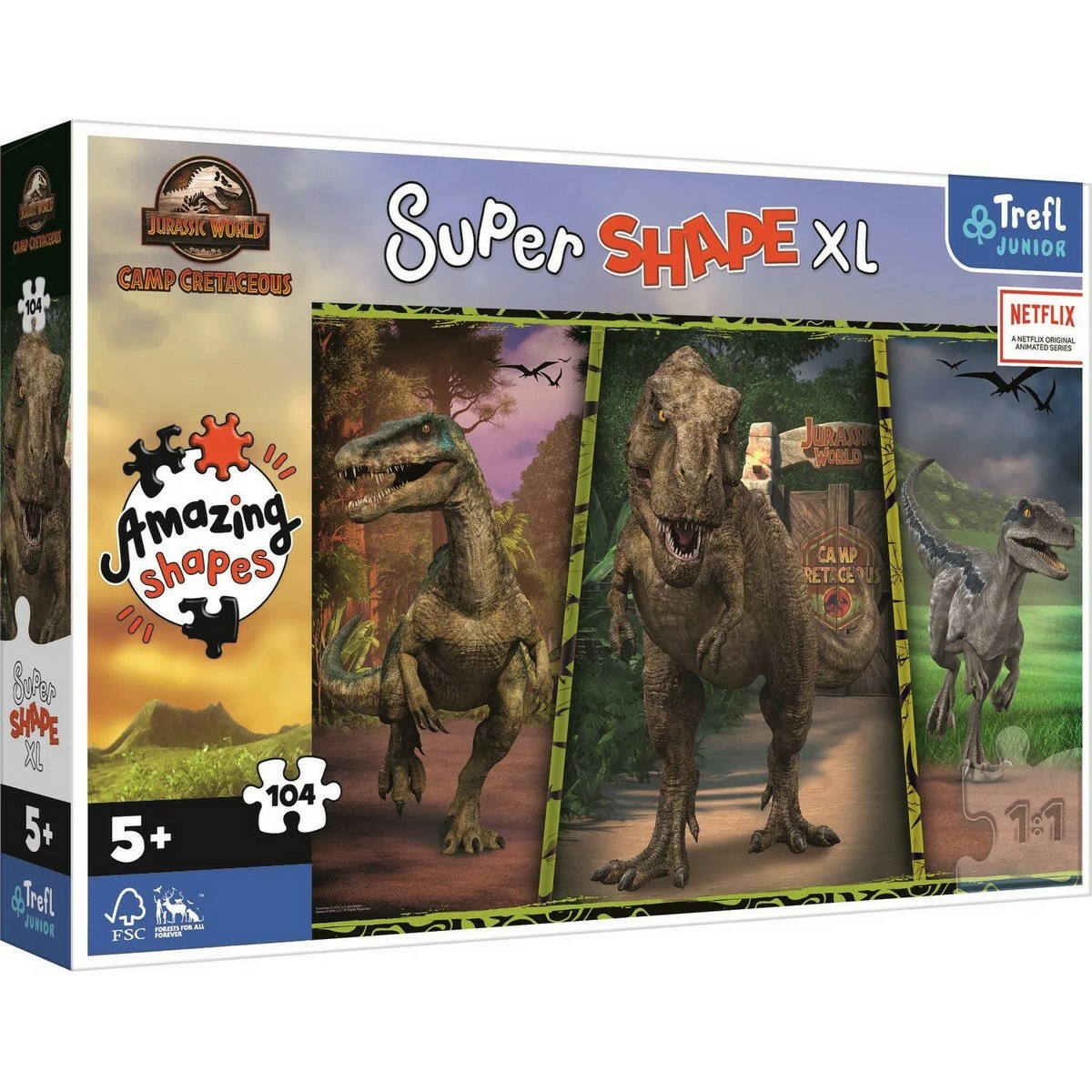 Trefl Puzzle 104 XL Super Shape Barevní dinosauři/Jurassic World 60x40cm v krabici 40x27x6cm-Trefl